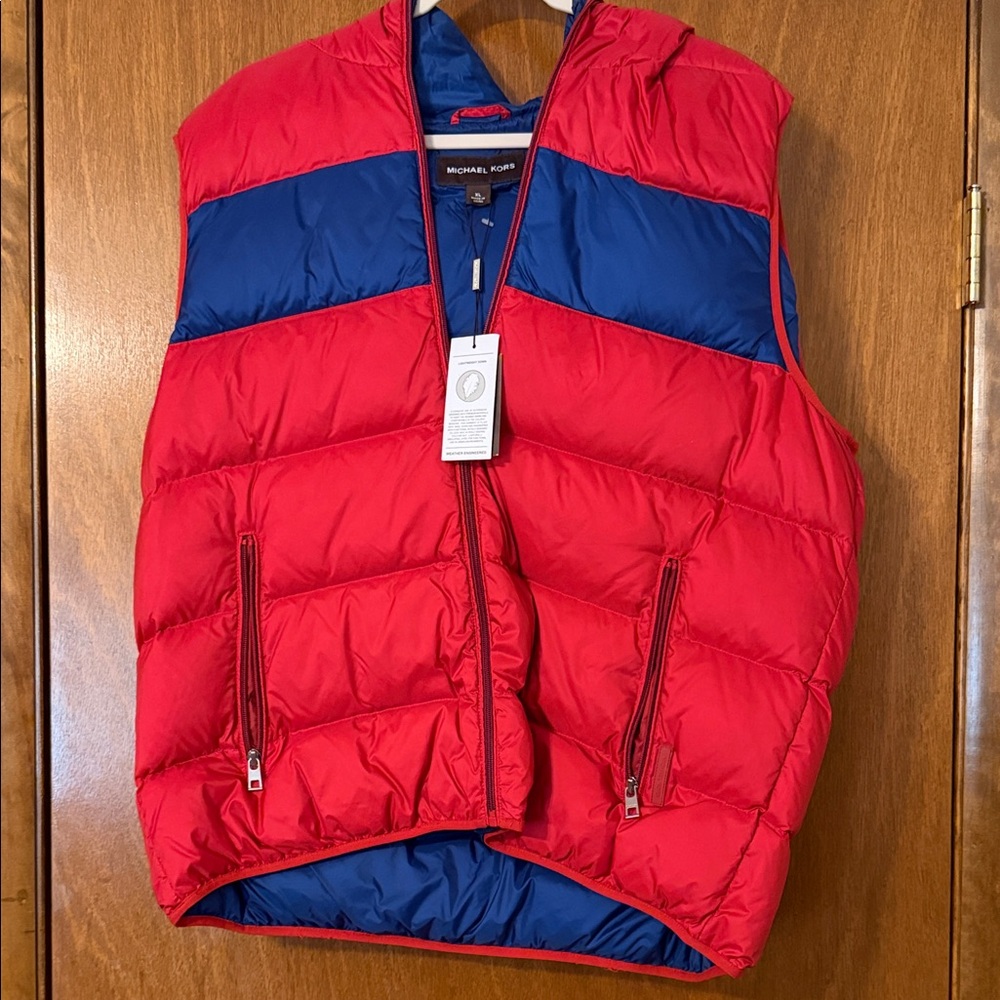 Michael Kors Red and Blue Puffer Vest with hood